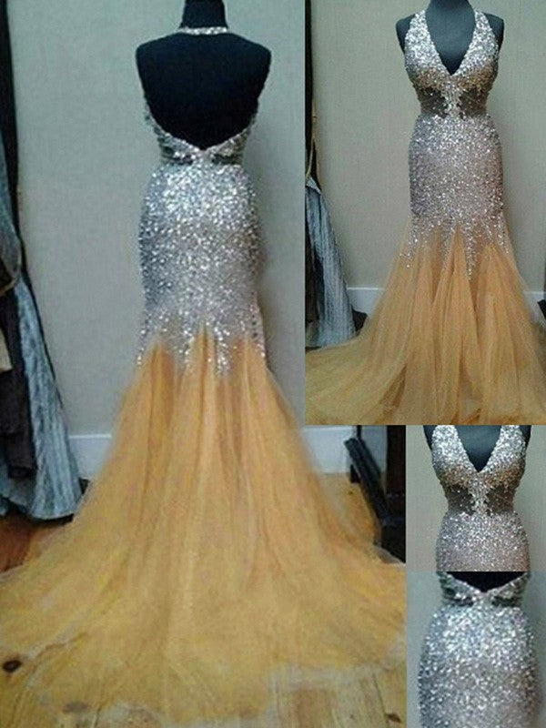 Mermaid Tulle Halter Sleeveless Court Train With Sequin Prom Dress