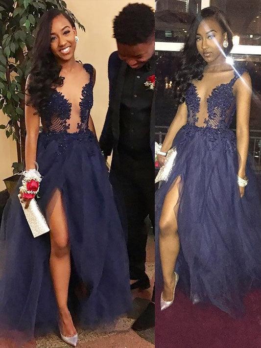 A-Line Tulle V-neck Sleeveless Floor-Length Bridesmaid Dresses