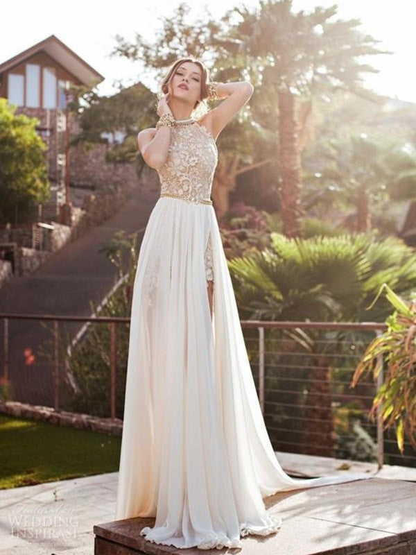 A-Line Chiffon Halter Sleeveless Sweep/Brush Train With Lace Prom Dress