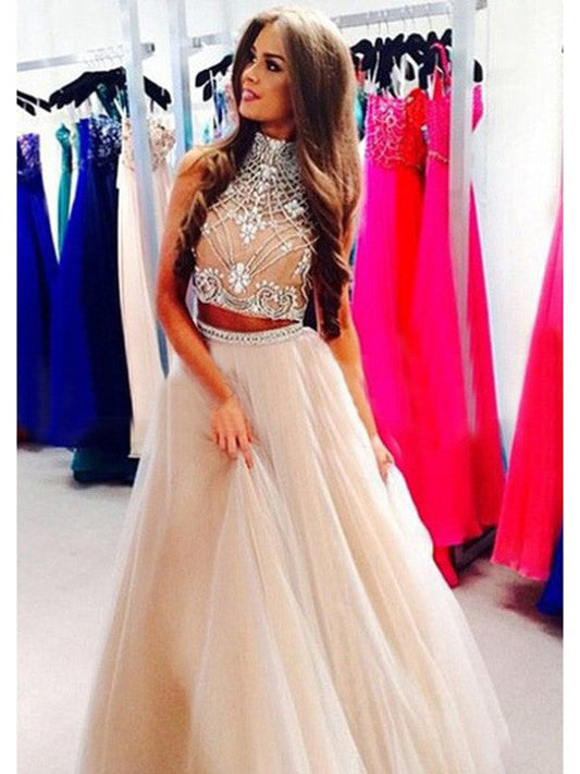 A-Line Tulle High Neck Sleeveless Floor-Length With Beading Two Piece Prom Dress