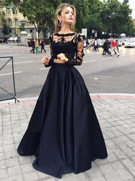 Ball Gown Satin Bateau Long Sleeves Floor-Length With Beading Prom Dress