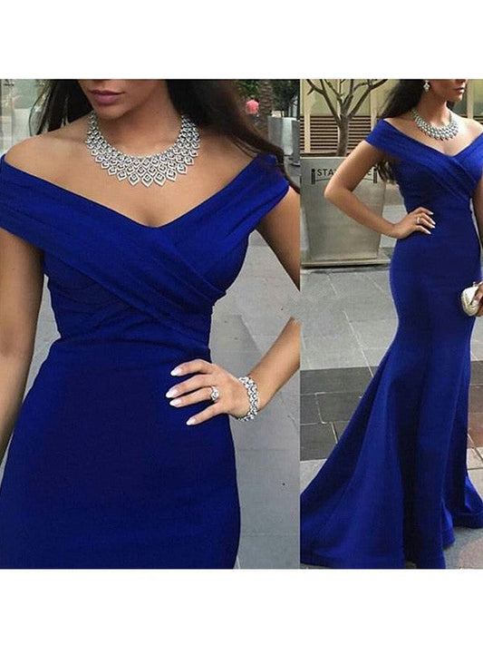 Mermaid Stretch Crepe Off-the-Shoulder Sleeveless Sweep/Brush Train With Ruched Prom Dress