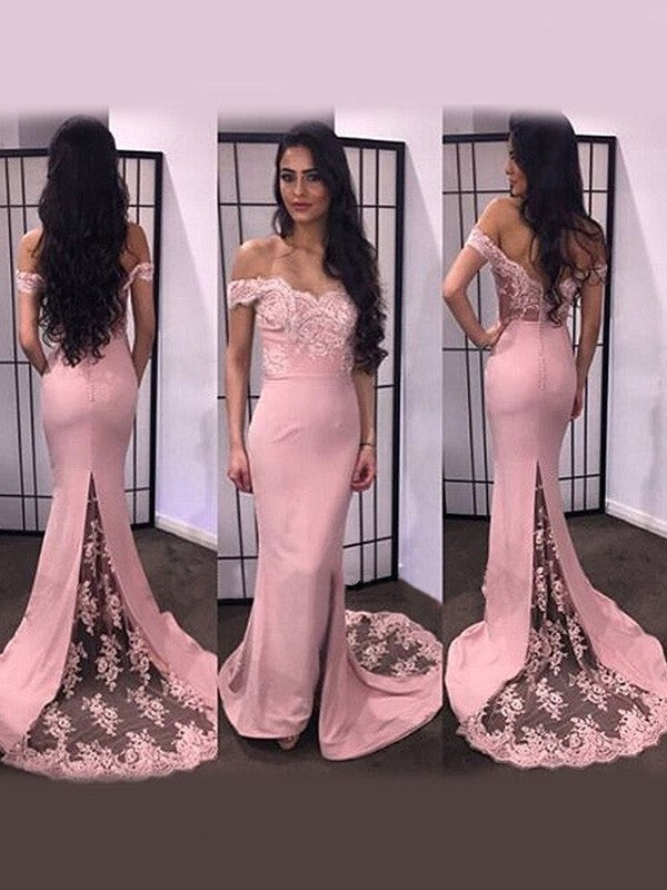 Mermaid Elastic Woven Satin Off-the-Shoulder Long Sleeves Sweep/Brush Train With Lace Prom Dress