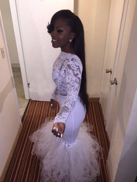 Mermaid Tulle Bateau Long Sleeves Floor-Length With Lace Prom Dress