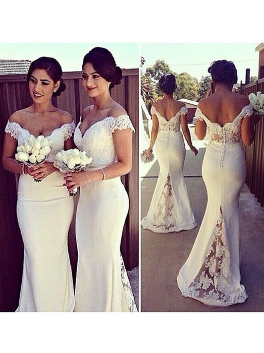 Mermaid Stretch Crepe Off-the-Shoulder Sleeveless Sweep/Brush Train With Lace Bridesmaid Dresses