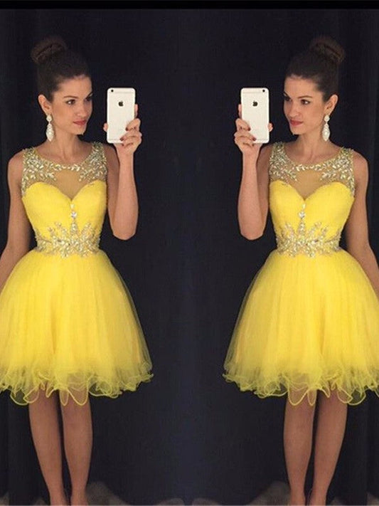 A-Line Tulle Scoop Sleeveless Short/Mini With Beading Homecoming Dress