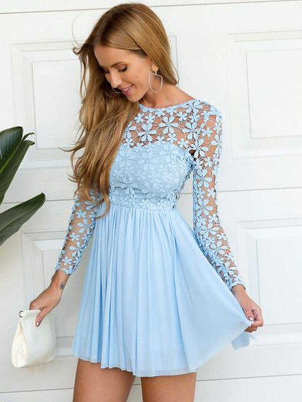 A-Line Chiffon Scoop Long Sleeves Short/Mini With Lace Homecoming Dress