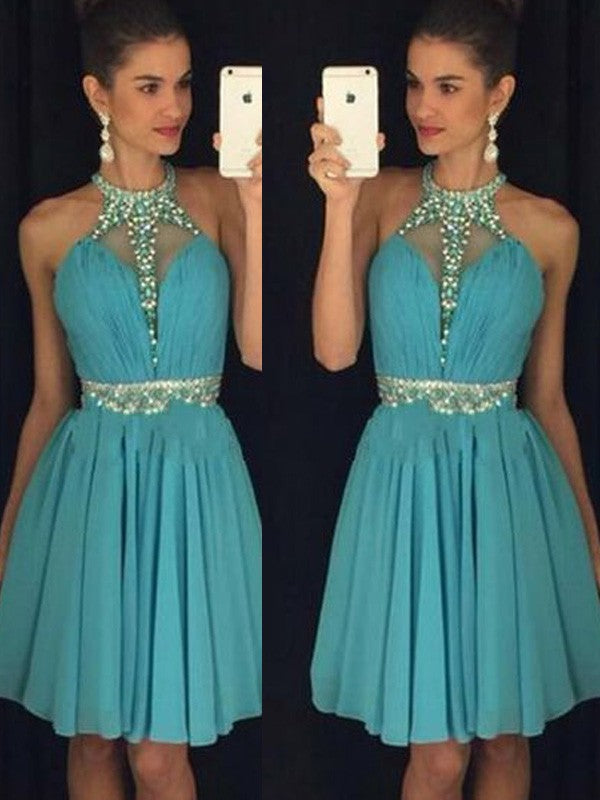 A-Line Chiffon Halter Sleeveless Short/Mini With Beading Homecoming Dress