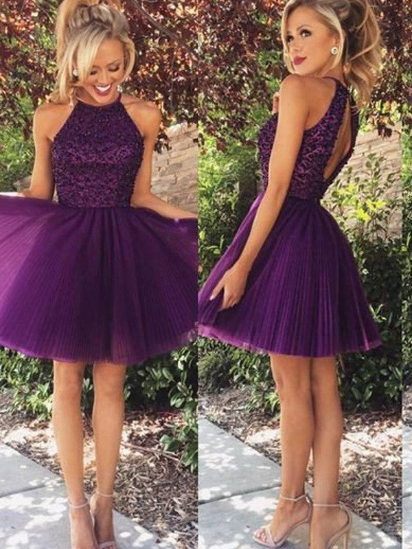 A-Line Tulle Halter Sleeveless Short/Mini With Beading Prom Dress
