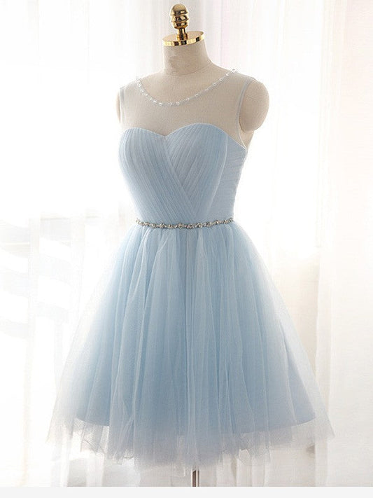 A-Line Tulle Scoop Sleeveless Short/Mini With Beading Homecoming Dress