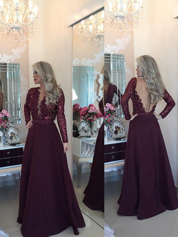 A-Line Satin Scoop Long Sleeves Floor-Length With Sequin Prom Dress