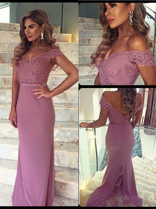 Sheath Elastic Woven Satin Off-the-Shoulder Sleeveless Floor-Length With Lace Prom Dress
