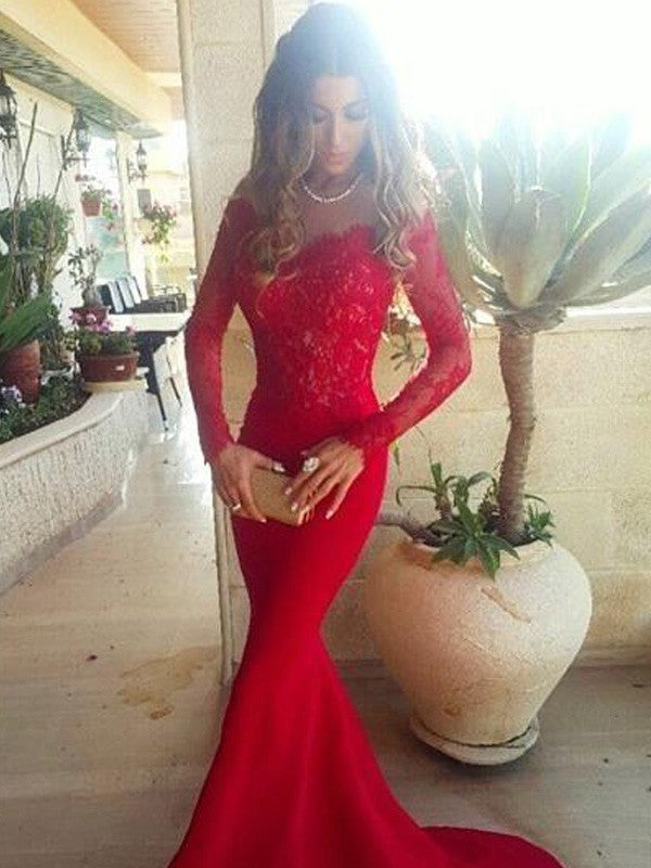 Mermaid Elastic Woven Satin Off-the-Shoulder Long Sleeves Sweep/Brush Train With Lace Prom Dress
