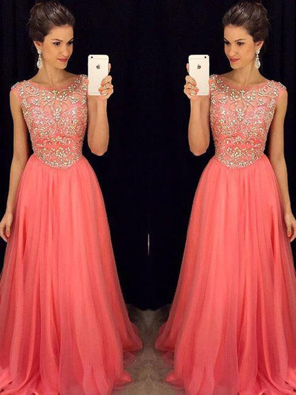 A-Line Chiffon Scoop Sleeveless Floor-Length With Beading Prom Dress