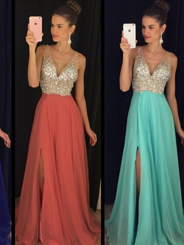 A-Line Chiffon V-neck Sleeveless Floor-Length With Beading Prom Dress