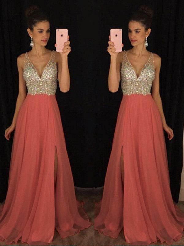A-Line Chiffon V-neck Sleeveless Floor-Length With Beading Prom Dress