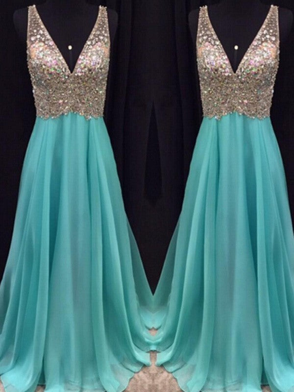 A-Line Chiffon V-neck Sleeveless Floor-Length With Beading Prom Dress