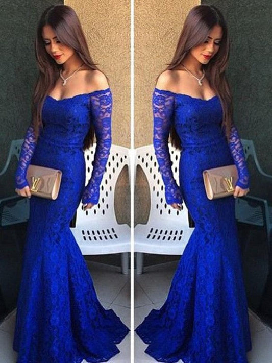 Mermaid Lace Off-the-Shoulder Long Sleeves Sweep/Brush Train With Lace Prom Dress
