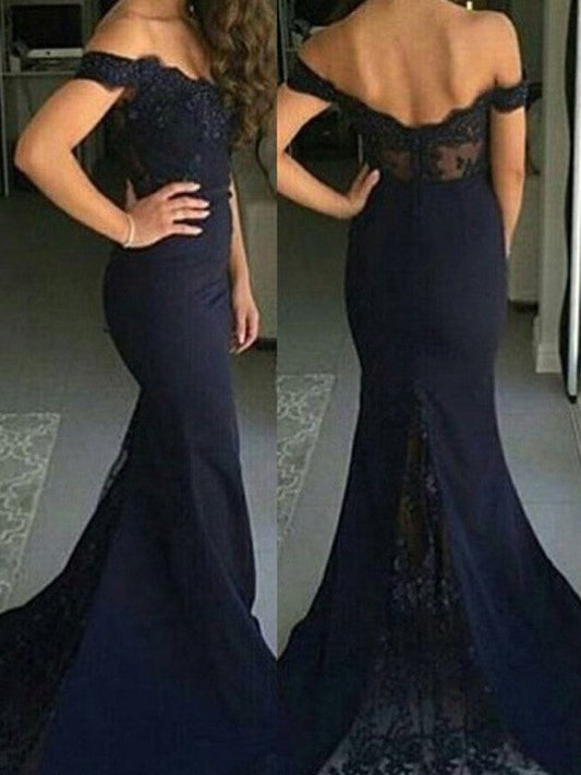 Mermaid Stretch Crepe Off-the-Shoulder Sleeveless Sweep/Brush Train With Lace Prom Dress
