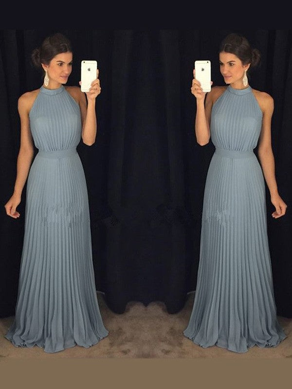 A-Line Chiffon High Neck Sleeveless Floor-Length With Pleats Prom Dress