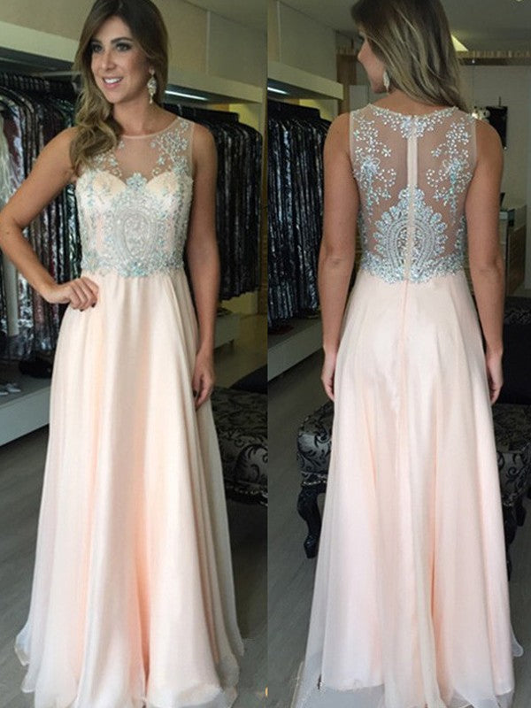 A-Line Chiffon Scoop Sleeveless Floor-Length With Beading Prom Dress