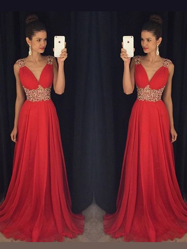 A-Line Chiffon V-neck Sleeveless Sweep/Brush Train With Beading Prom Dress