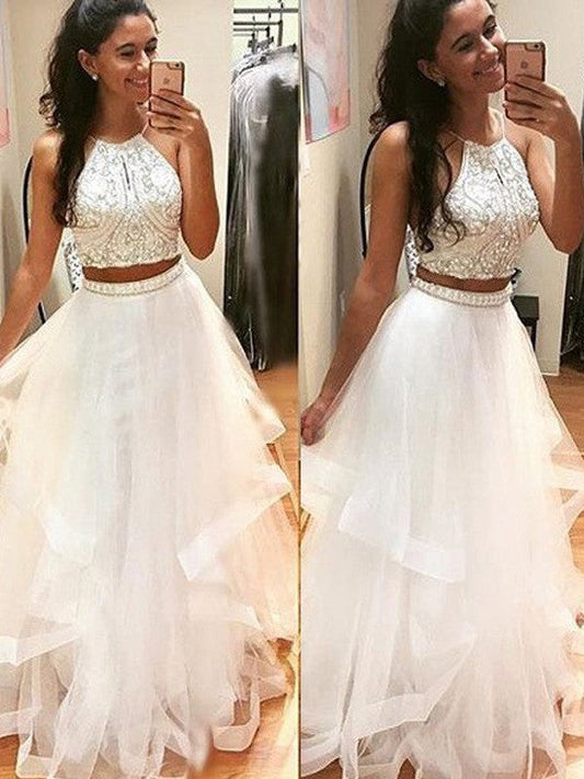 A-Line Tulle Halter Sleeveless Floor-Length With Beading Prom Dress