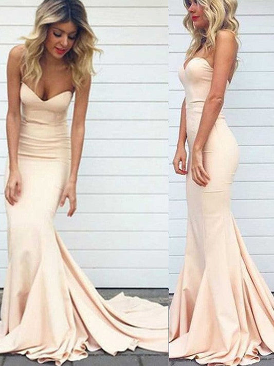 Mermaid Stretch Crepe Sweetheart Sleeveless Sweep/Brush Train With Ruffles Prom Dress