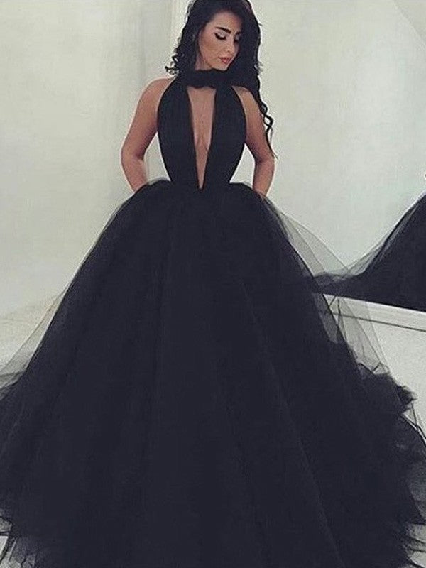 Ball Gown Tulle V-neck Sleeveless Court Train With Beading Prom Dress