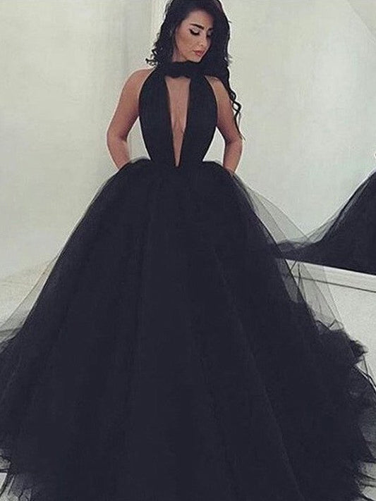 Ball Gown Tulle V-neck Sleeveless Court Train With Beading Prom Dress