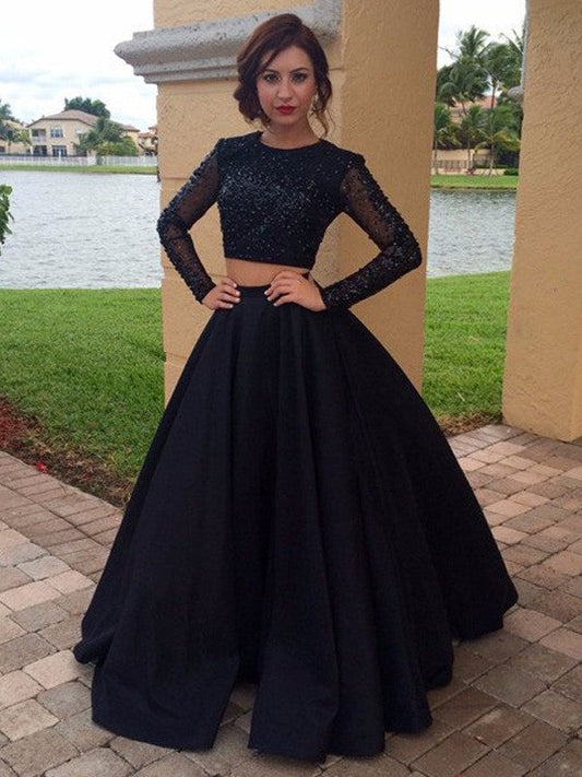 Ball Gown Satin Scoop Long Sleeves Floor-Length With Beading Prom Dress