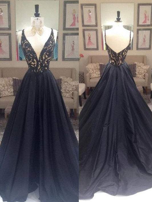 A-Line Taffeta V-neck Sleeveless Sweep/Brush Train With Beading Prom Dress