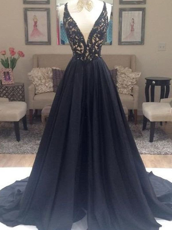 A-Line Taffeta V-neck Sleeveless Sweep/Brush Train With Beading Prom Dress