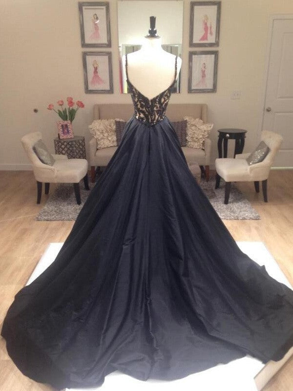 A-Line Taffeta V-neck Sleeveless Sweep/Brush Train With Beading Prom Dress