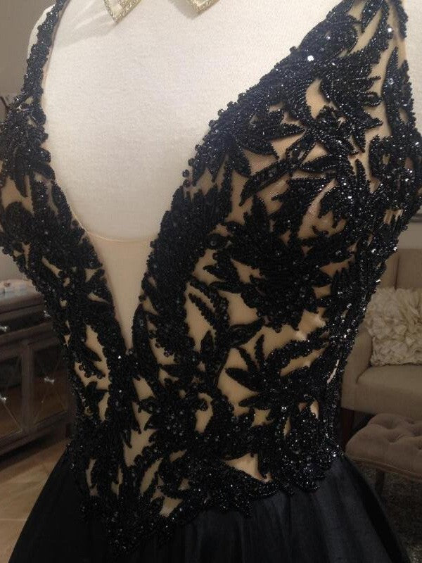 A-Line Taffeta V-neck Sleeveless Sweep/Brush Train With Beading Prom Dress