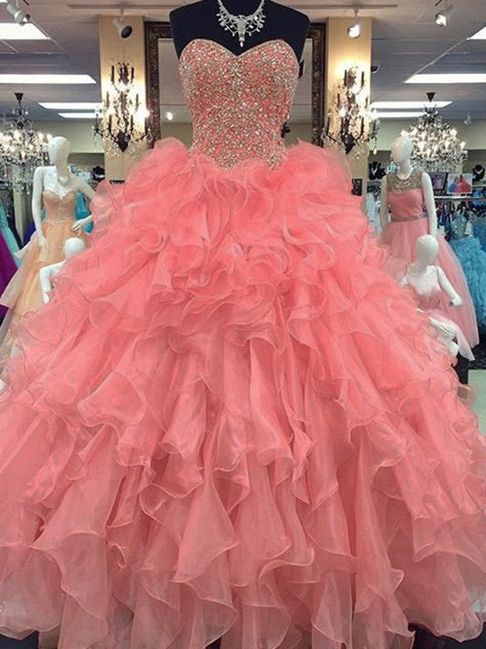Ball Gown Organza Sweetheart Sleeveless Floor-Length With Beading Prom Dress