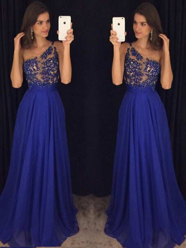 A-Line Chiffon One-Shoulder Sleeveless Floor-Length With Beading Prom Dress