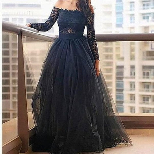 A-Line Tulle Off-the-Shoulder Long Sleeves Floor-Length With Lace Prom Dress