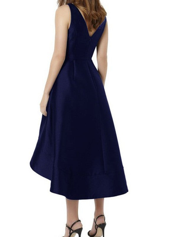 A-Line Satin V-neck Sleeveless Tea-Length With Ruffles Bridesmaid Dresses