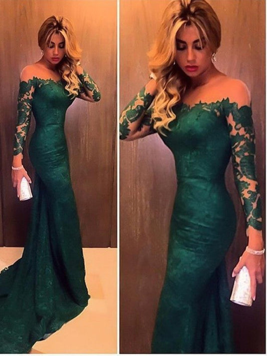 Mermaid Lace Off-the-Shoulder Long Sleeves Court Train With Lace Prom Dress