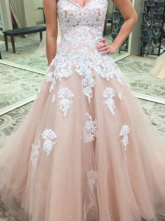 Ball Gown Tulle Sweetheart Sleeveless Floor-Length With Applique Prom Dress