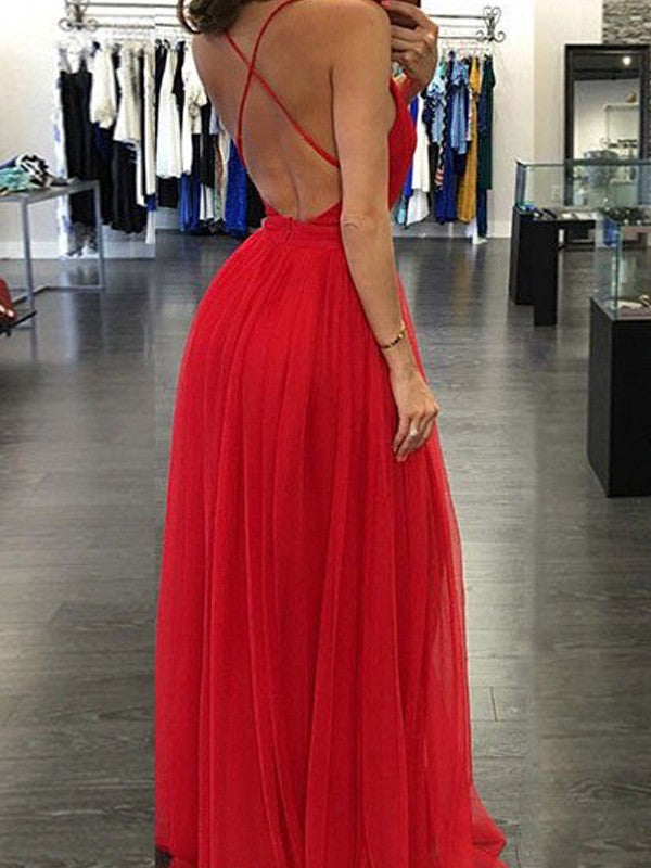A-Line Chiffon Spaghetti Straps Sleeveless Floor-Length With Ruffles Prom Dress