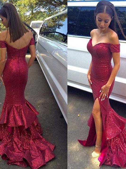 Mermaid Sequins Off-the-Shoulder Sleeveless Sweep/Brush Train With Sequin Prom Dress