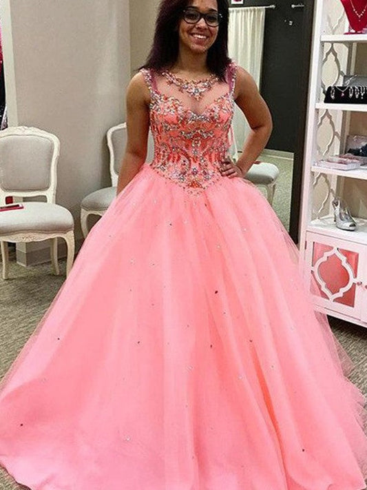 Ball Gown Tulle Sweetheart Sleeveless Floor-Length With Beading Prom Dress