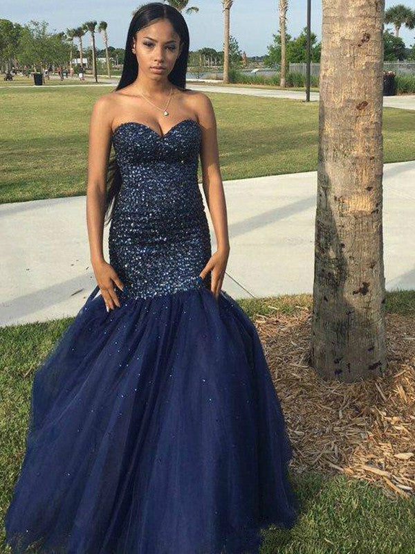 Mermaid Tulle Sweetheart Sleeveless Floor-Length With Beading Prom Dress