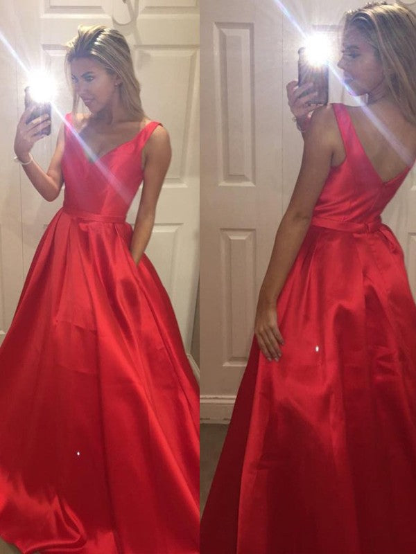 A-Line Satin V-neck Sleeveless Sweep/Brush Train With Ruffles Prom Dress
