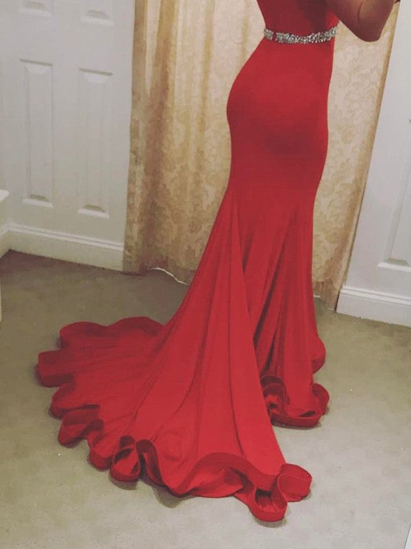 Mermaid Stretch Crepe Off-the-Shoulder Sleeveless Court Train With Beading Prom Dress