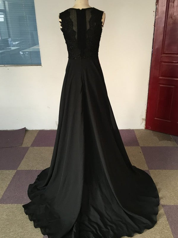 A-Line Chiffon Scoop Sleeveless Sweep/Brush Train With Lace Prom Dress