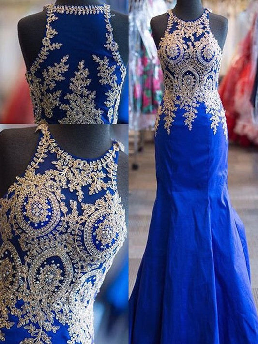 Mermaid Satin Scoop Sleeveless Sweep/Brush Train With Beading Prom Dress