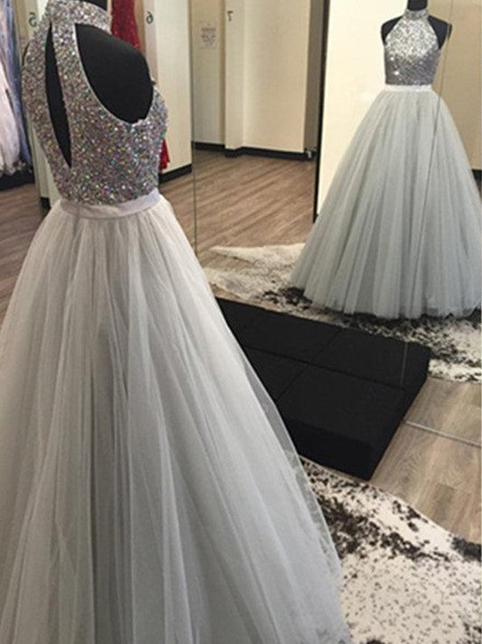 A-Line Tulle Halter Sleeveless Floor-Length With Beading Prom Dress